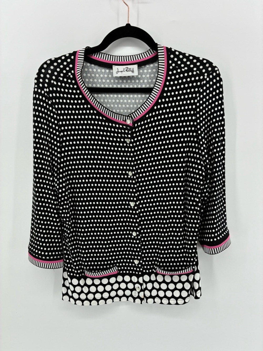Joseph Ribkoff Black & White Polka Dot Tank Top 3/4 Sleeve Blazer with Pink Trim - Picture 2 of 14